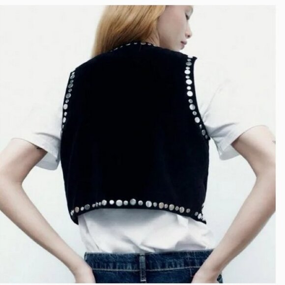 Zara Black Studded Velvet Vest, NWT, XS-S - Picture 3 of 12